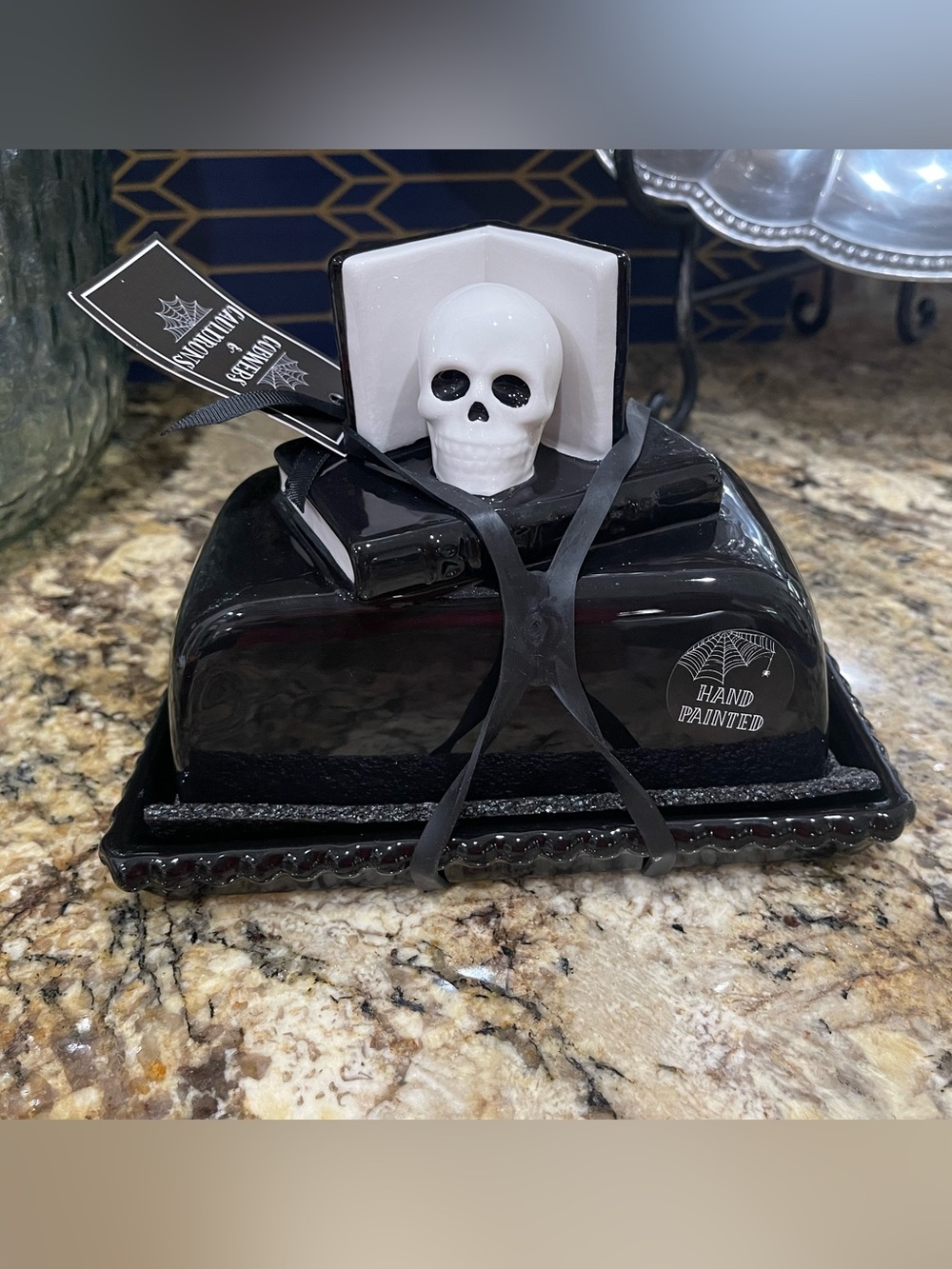 Cobwebs and Cauldrons figural white skull covered butter dish - NEW